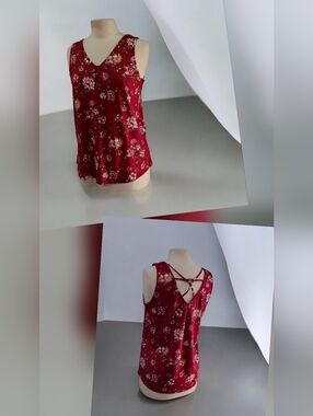 🪷 Burgundy Floral V-Neck Sleeveless Strappy Back Top